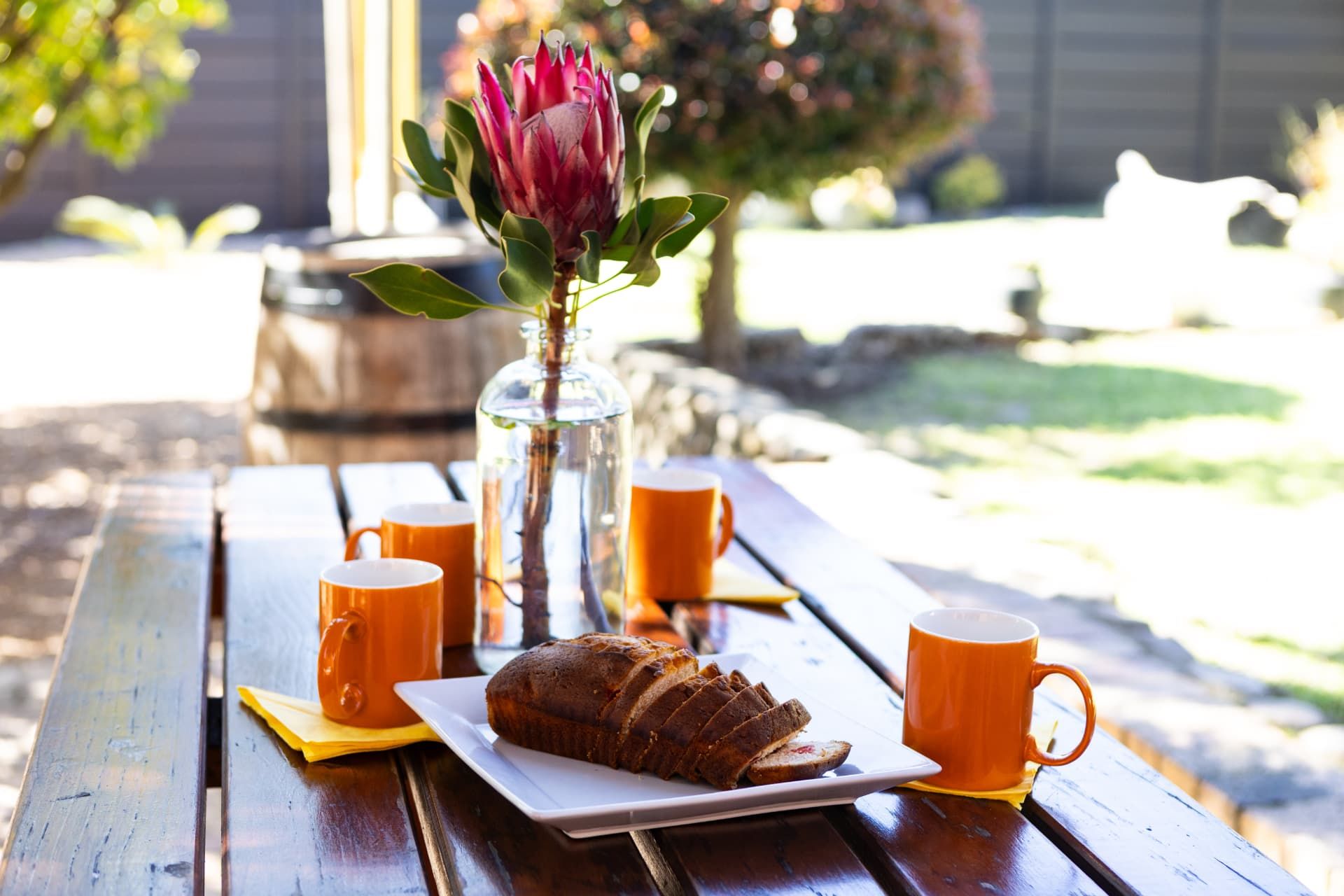 Garden table with sliced loaf, orange mugs and a protea